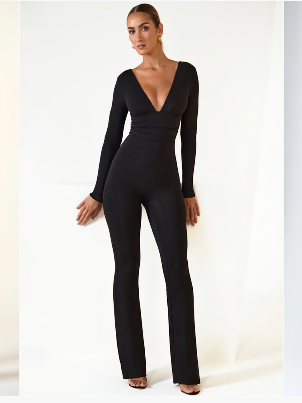 OH POLLY Helene Modal Ruched Plunge Flared Jumpsuit in Black